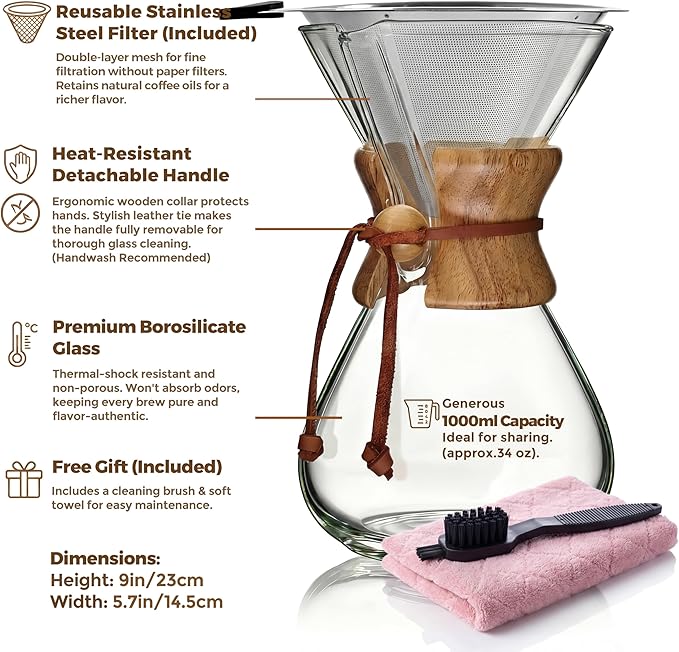 AGOGO Pour Over Coffee Maker Glass - Barista Kit with 304 Stainless Filter for Home, Office, Camping, Cafes - Easy Clean Coffee Dripper Set (Soft Towel&Brush) (34oz Classic w/SS Filter)