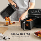 TOPZEE 8 Quart Large Air Fryer - Dual Basket Airfryer with Easy View Windows, Preheat, Air Fry, Roast, Broil, Bake, Dehydrate, 2 Independent 4 QT Nonstick Dishwasher Safe Baskets, Black