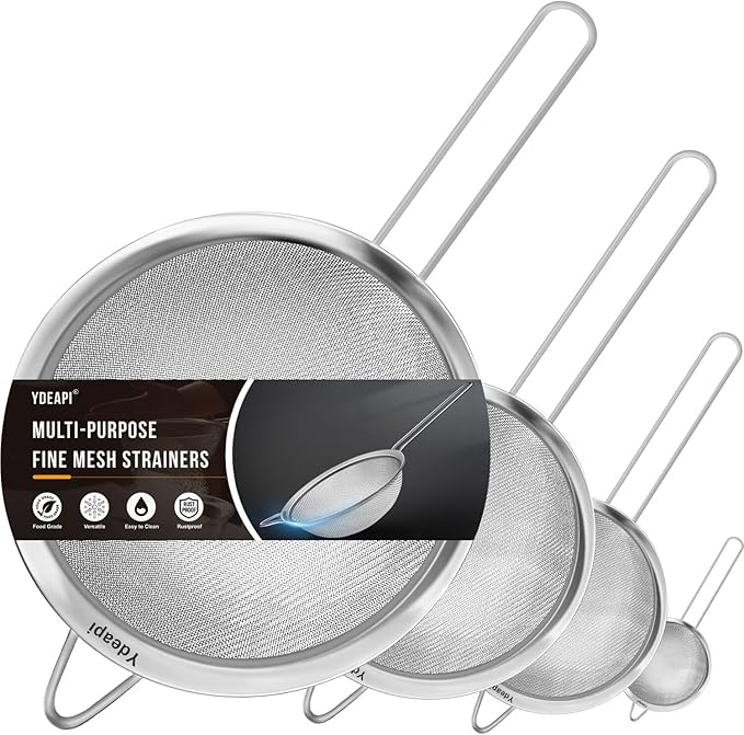 Ydeapi Fine Mesh Strainer, Stainless Steel Kitchen Strainers with Sturdy Handle, Set of 4 Metal Sieve for Food, Rice, Quinoa, Tea - 8.6", 6.3", 4.6", 2.7"