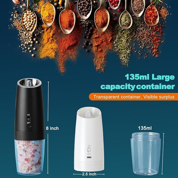 Salt and Pepper Grinder Set Rechargeable, Automatic Electric Pepper and Salt Mill Shaker with Adjustable Coarseness, LED Light, One-Hand Operation Gravity Spice Grinder Kitchen Gadgets, 2 PCS