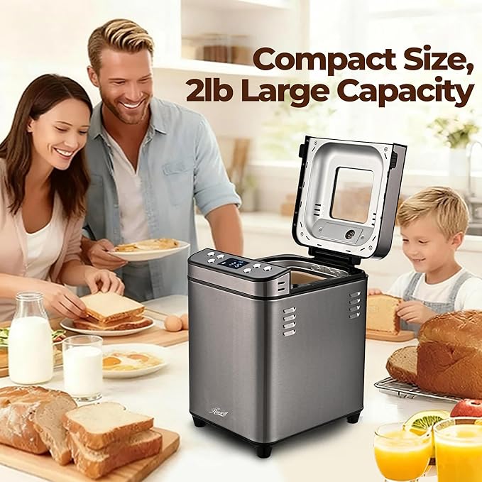 Rosewill 25-in-1 Automatic Bread Maker Machine with 3 Loaf Size up to 2 Lb, 700W High Power Dual Heater Bread Maker with BPA-free Nonstick Coating Pan, Max 15 Hours Delay Timer, Low Noise - Gray