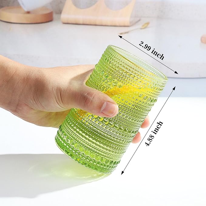 Hobnail-Drinking Glasses 13oz Vintage Glassware Sets Cocktail Juice Glasses Set of 6, Light Green