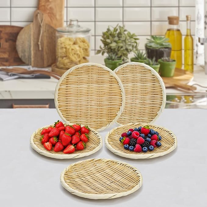 Bamboo Basket Colander, 8.3" Round Small Bamboo Sieve Washing Strainer, Hand Weave Plate Holder for Kitchen, Wicker Pantry Storage Tray for Fruit Vegetable Bread Snack Zaru