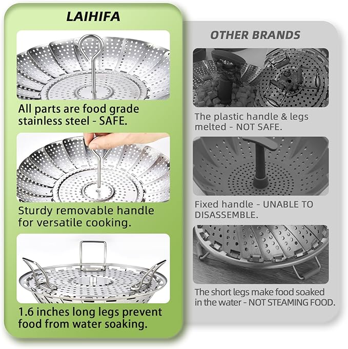 Steamer Basket, Premium Stainless Steel Vegetable Steamer Basket for Veggies & Seafood Cooking, Expandable Food Steaming Basket Fits for Various Size Pots & Pans (6.4" to 10") LAIHIFA