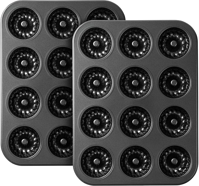 Tiawudi Mini Fluted Tube Cake Pan, 12 Cavity Baking Pan, Non-stick Baking Mold for Cupcakes, Donuts, Cornbread, Brownies, Jellies, Set of 2