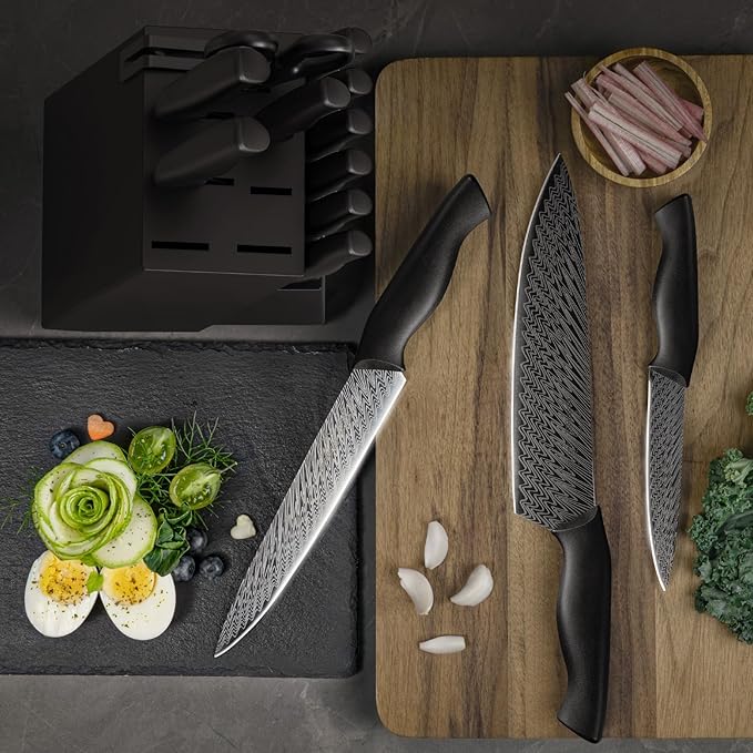 Knife Set, Amorston 15 Pieces Kitchen Knife Set with Built in Knife Sharpener, High Carbon German Stainless Steel Knife Block Set, Black Dishwasher Safe Knives Set, Valentine's Gift