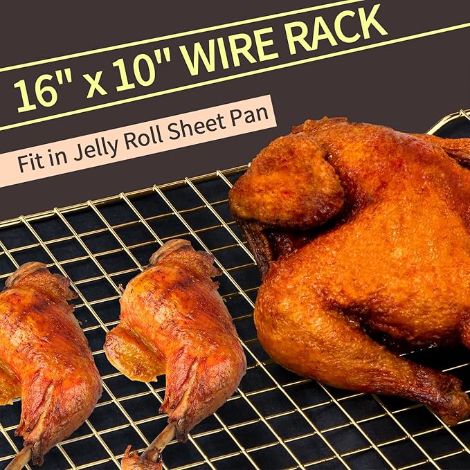 Cooling Rack for Baking, 2-Pack 16x10 Inches Baking Rack, Thick Wire Cookie Rack for Cooking, Roasting, Grilling, Drying, Oven Safe, Fits Half Sheet Pan, Gold