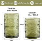 ZMOWIPDL Vintage Glassware Drinking Glasses Set of 12,Green 12oz & 15oz Hobnail Glass Cups,Embossed Water Tumbler,for Beer,Cocktail,Whiskey,Juice and Various Mixed Drinks- 1 Cleaning Brush