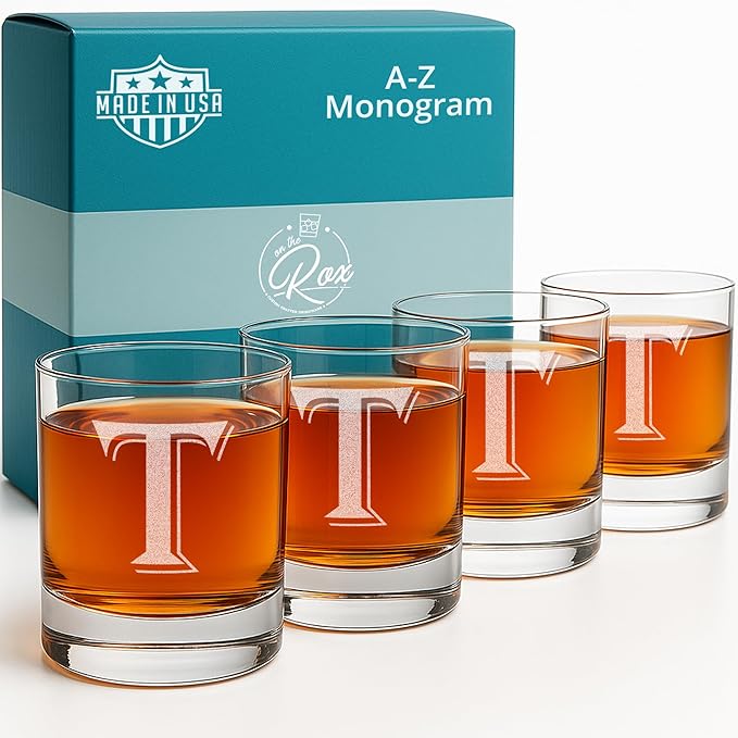 On The Rox (T-Monogram)- 4 Piece Set of 11 Ounce Engraved Heavy Base Rocks Glasses Elegant Glass-Multi-Purpose Beverage-Rocks Glass- Gift for any Occasion