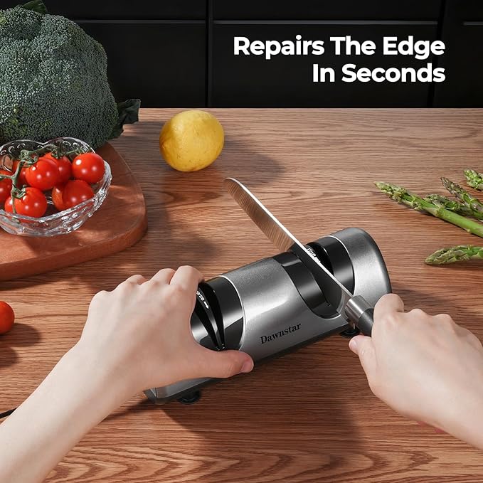 Electric Knife Sharpener, Professional Kitchen Knife Sharpener for Home Use, 2 Stages of Coarse Sharpening & Fine Polishing, Metal Dust Collection Box for Easy Cleaning, Dark Gray