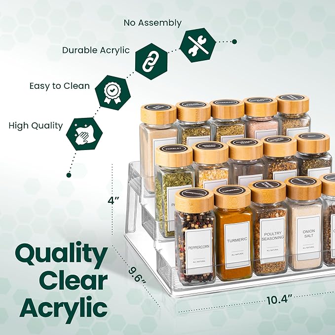 Oizeir Clear Spice Rack (2-Pack) – 3-Tier Acrylic Organizer for Cabinet – Deep Spice Shelf – 10.4 x 9.6 x 4 Inches – Holds Seasoning and Condiments