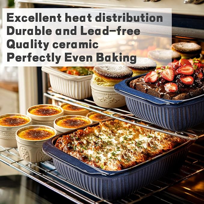 Artena Casserole Dishes For Oven, Ceramic Baking Dish, Large Lasagna Pan With Handles, Baking Pan Casserole Dish, Rectangular Bakeware Deep, Set Of 3 (5.1Qt/2.3Qt/1.1Qt) (Blue - Only Baking Dish)