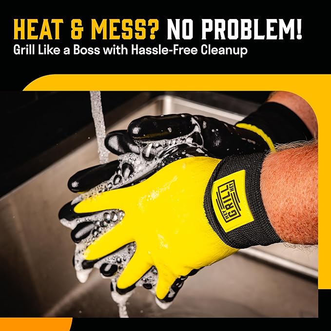 Hey Grill Hey Pitmaster Gloves | BBQ Gloves | Heat Protection up to 500°F or 260°C | High Temp Resistance | Fireproof Glove for Grilling Smoking Barbecue | Washable Mitts | Waterproof | Size - Large