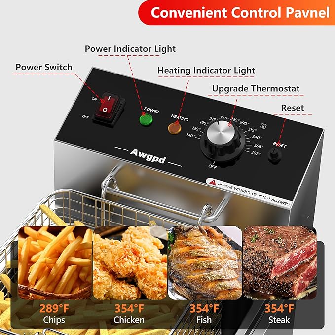 Electric Deep fryer Single Tank Deep Fryer with Basket Capacity 10L(10.5QT) Electric Countertop Fryer Stainless Steel Deep Fryers for Restaurant Home Use, 1700 Watts, 110V (10L)