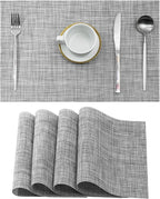 Leetaltree Linen Grey Placemats Set of 4 - Heat Resistant Non-Slip Place mats for Dining Table, Washable Durable PVC Vinyl Woven Table Mats（Linen Grey, 4）
