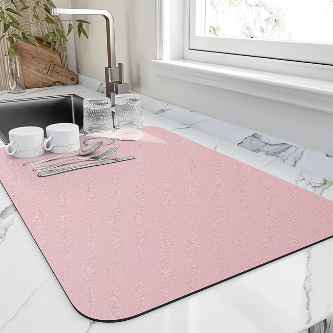 HotLive Dish Drying Mat for Kitchen Counter, Heat Resistant Drainer Mats with Non-slip Rubber Backed, Hide Stain Kitchen Super Absorbent Draining Mat, Easy to Clean Dish Rack Pad, Pink 18"x28"