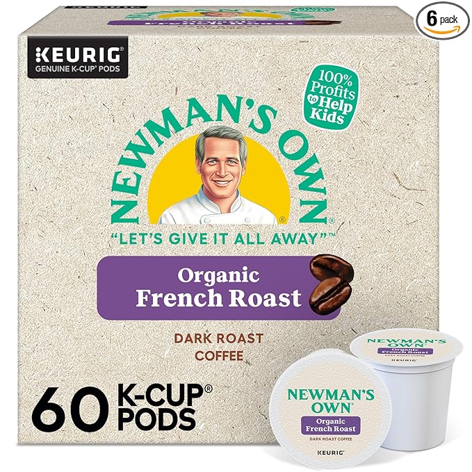 Newman's Own Organic French Roast Coffee, Keurig Single Serve K-Cup Pods, Dark Roast Coffee, 60 Count, (6 Packs of 10)