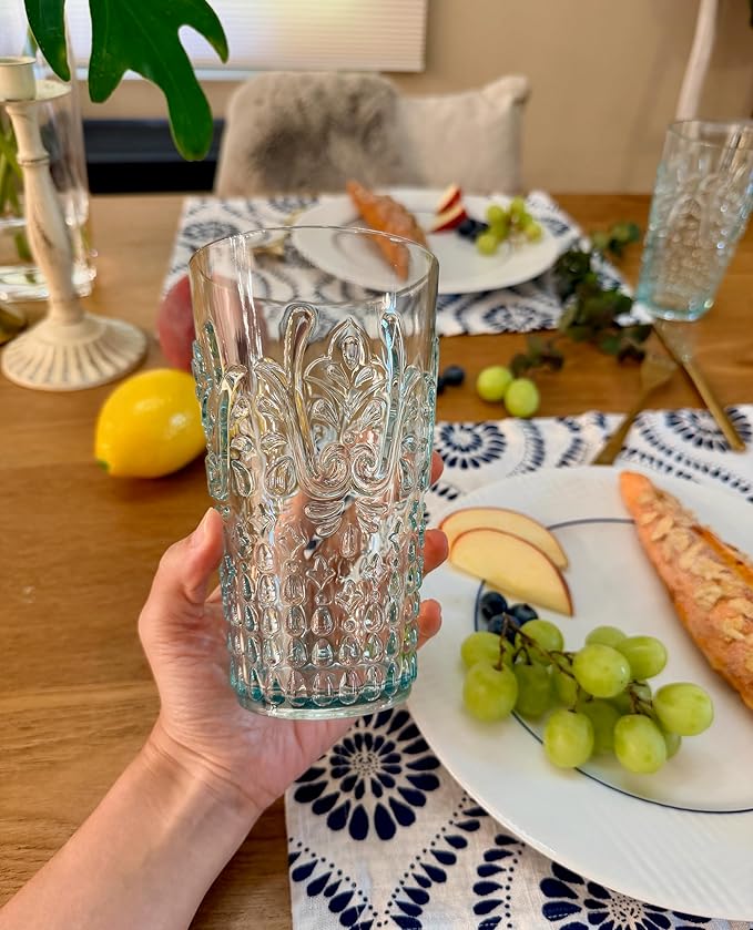 KLIFA- BLOIS- 15.2 & 20.5 ounce, Set of 8, Acrylic Tumbler & Highball Drinking Glasses Cups, BPA-Free, Stackable Plastic Drinkware, Dishwasher Safe, Vintage Looking Cups, Light Teal