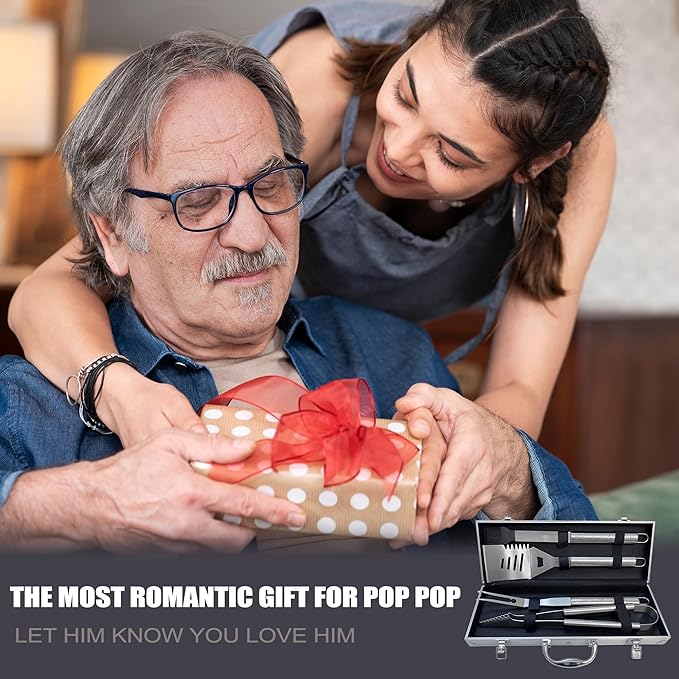 Pop Pop Gifts, Christmas Popop Gifts from Grandkids Heavy Duty Grilling Accessories Kit for Backyard BBQ, Thick Stainless Steel Grill Utensils with Non-Slip Handle Tool Grilling Gift for Man