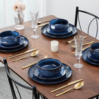 E-far Dinnerware Sets for 2, 6-Piece Stoneware Plates and Bowls Set, Ceramic Dishes Reactive Glaze Dinning Ware, Microwave & Dishwasher Safe - Deep Sea Blue