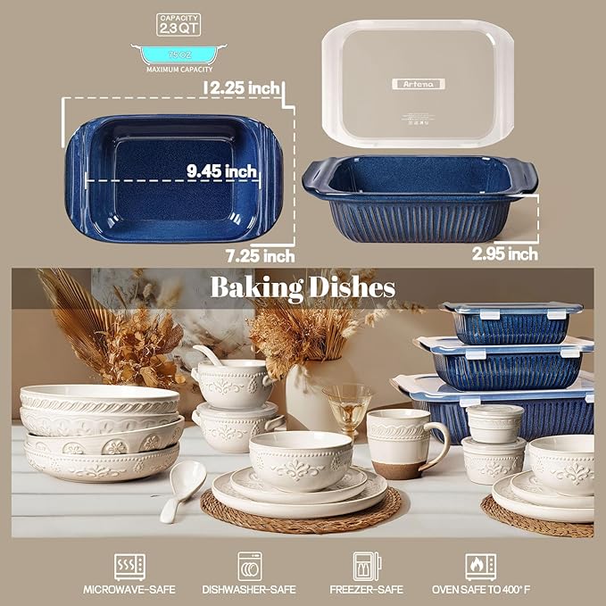 Artena Baking Dish 2.3 Quarts, Casserole Dishes For Oven, Baking Pan With Handles, Lasagna Pan Deep, Large Casserole Dish, Rectangular Ceramic Bakeware, Blue (Baking Dish With Lids)