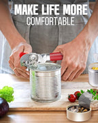 Multifunctional Can Opener Manual, Durable Heavy Duty Handheld Strong Can Opener with Smooth Cutting Edge, Friendly Kitchen Essentials Tool for Seniors, Camping and Bottle Opening-Red