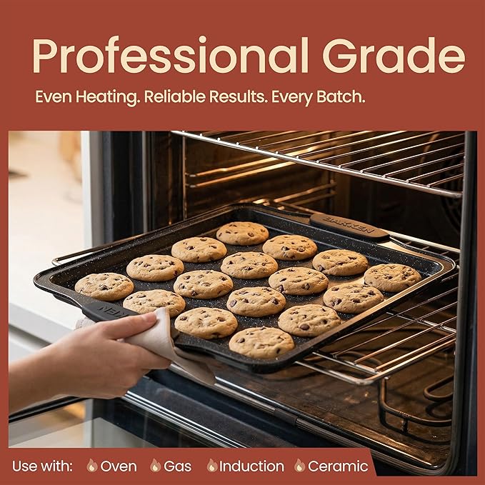 BAKKEN Kitchen Baking Pans - Medium (15.15 × 10.03") and Large (17.1 x 11.8") Nonstick Sheets, Carbon Steel Cookie Sheets with Gray Silicone Handles, PFOA, PFOS, PTFE Free, Oven Safe (450°F), Set of 2
