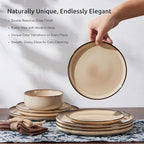 E-far 6-Piece Plates and Bowls Set, Stoneware Dinnerware Sets for 2, Reactive Glaze Ceramic Dinning Ware Dishes, Microwave & Dishwasher Safe - Sandy Beige