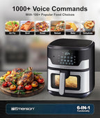 Emerson SmartVoice 5.3QT Air Fryer, 1000+ Voice Commands, 6-in-1 Digital Cooker, Compact Countertop Design, Oil-Free Healthy Cooking, Easy-Clean Nonstick Basket, 1500W