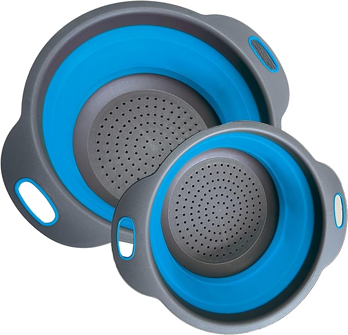 Blue Kitchen Strainer Colander Set - 2 PCS Collapsible Strainer Colander with Plastic Handles Silicone Food Grade Tools for Kitchen for Pasta and Spaghetti Multifunctional