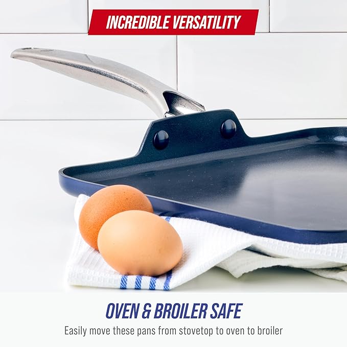 Blue Diamond 11" Nonstick Square Griddle Pan, Non Toxic PFAS-Free Diamond Ceramic, Dishwasher & Oven Safe, Even Heating, Metal Utensil Safe, Warp Control, Blue