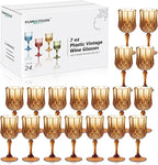 XUWAIDSGN 7oz Plastic Vintage Wine Glasses Drinking Glasses Unbreakable Wedding Glassware Crystal Water Goblets Reusable Drinkware Vintage Champagne Flutes (24, Brown)