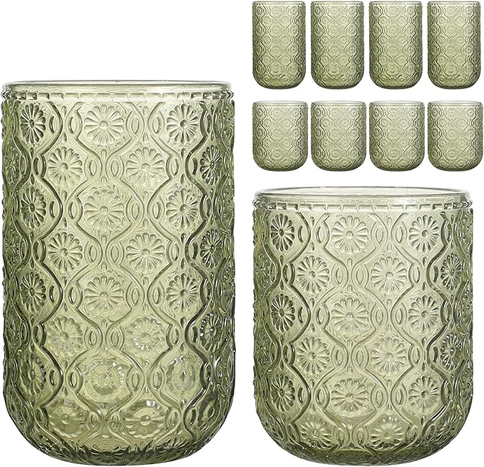 Set of 8 Vintage Embossed Glassware,4 Highball Glasses 14oz & 4 Rocks Drinking Glasses 9oz, Art Deco, for Wine, Water, Cocktail, Juice, Whiskey, Gift (Green)