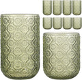 Set of 8 Vintage Embossed Glassware,4 Highball Glasses 14oz & 4 Rocks Drinking Glasses 9oz, Art Deco, for Wine, Water, Cocktail, Juice, Whiskey, Gift (Green)