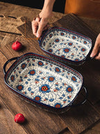 Vintage Style Pottery Bakeware Ceramic Casserole Dish Baking Pan Lasagna Pans Baking Dish with Handles for Oven/Cooking/Kitchen-1 PCS, Large Capacity, 60 OZ