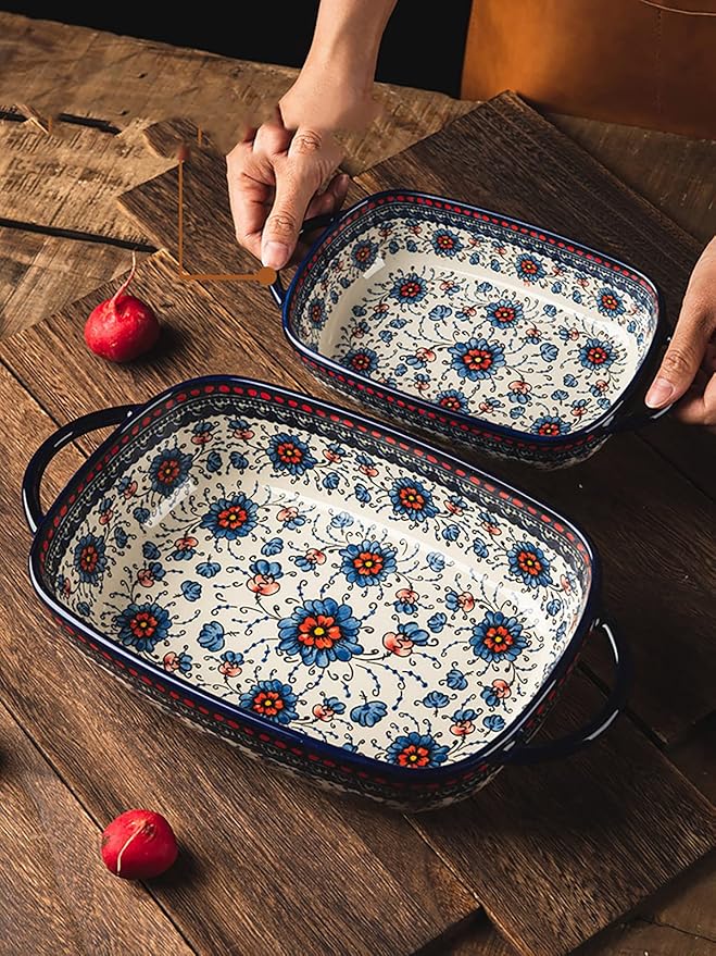 Vintage Style Pottery Bakeware Ceramic Casserole Dish Baking Pan Lasagna Pans Baking Dish with Handles for Oven/Cooking/Kitchen-1 PCS, Large Capacity, 60 OZ