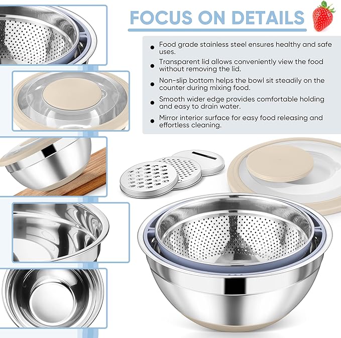 TeamFar 4-1 Colander with Bowl Set, Rotatable Colander for Kitchen, Stainless Steel Food Strainers and Colanders Mixing Bowl with Graters, for Veggies Fruits Washing, Pasta Straining - Khaki