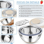 TeamFar 4-1 Colander with Bowl Set, Rotatable Colander for Kitchen, Stainless Steel Food Strainers and Colanders Mixing Bowl with Graters, for Veggies Fruits Washing, Pasta Straining - Khaki