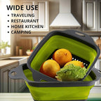 Square Collapsible Colander with Handles – Green Square Silicone Kitchen Strainers with Plastic Handles Foldable Kitchen Strainer Perfect for Draining Pasta Vegetable and Fruit Green
