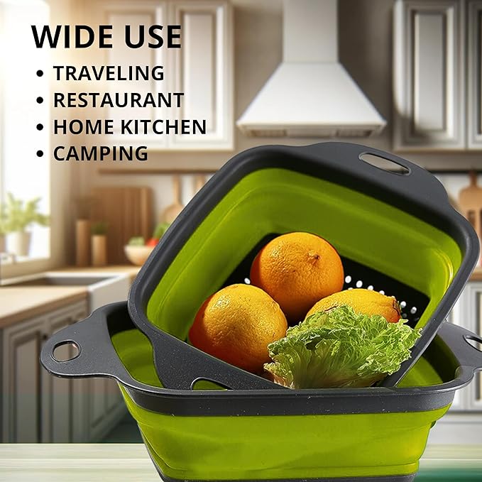 Square Collapsible Colander with Handles – Green Square Silicone Kitchen Strainers with Plastic Handles Foldable Kitchen Strainer Perfect for Draining Pasta Vegetable and Fruit Green