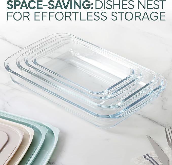 COOK WITH COLOR 8-Piece Deep Glass Baking Dish Set with Plastic Lids – Casserole and Food Storage Containers for Lasagna, Leftovers – Freezer-to-Oven, Microwave & Dishwasher Safe, Mint