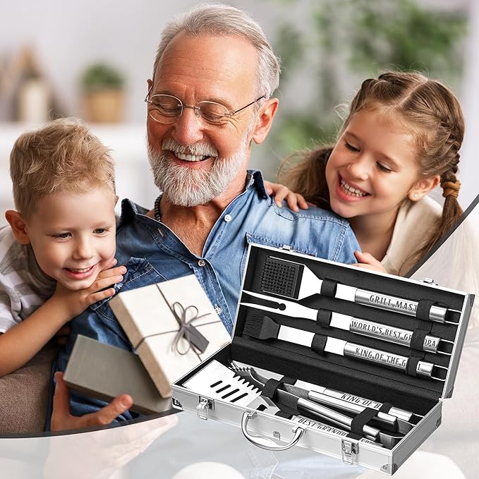Grandpa Gifts, Grandpa Birtdhay Gifts from Grandkids Heavy Duty Grilling Accessories Kit for Backyard BBQ, Thick Stainless Steel Grill Utensils with Non-Slip Handle Tool on Christmas Grandparents Day