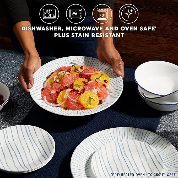 Corelle 18-Piece Dinnerware Set Service for 6, Lightweight Round Plates and Bowls Set, Vitrelle Triple Layer Glass, Chip Resistant, Microwave and Dishwasher Safe, Nautical Stripes