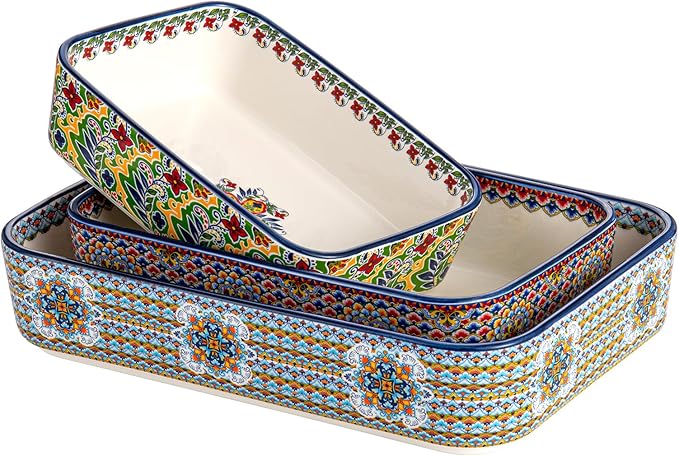 Casserole Dishes for Oven, Ceramic Baking Dishes Set of 3, Rectangular Lasagna Pans, Ceramic Bakeware Set for Baking, Roasting and Serving - Boho Style