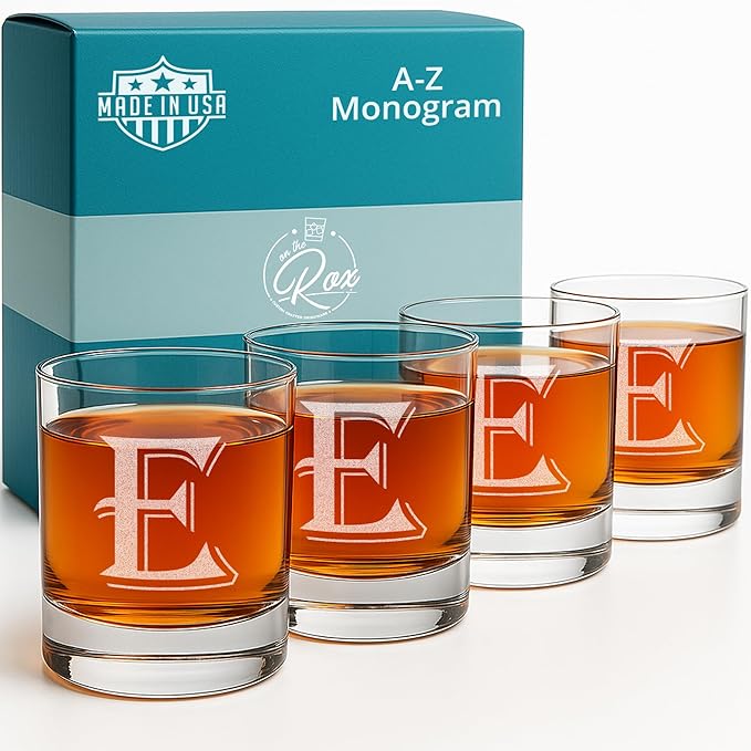 On The Rox (E-Monogram)- 4 Piece Set of 11 Ounce Engraved Heavy Base Rocks Glasses Elegant Glass-Multi-Purpose Beverage-Rocks Glass- Gift for any Occasion