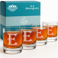 On The Rox (E-Monogram)- 4 Piece Set of 11 Ounce Engraved Heavy Base Rocks Glasses Elegant Glass-Multi-Purpose Beverage-Rocks Glass- Gift for any Occasion