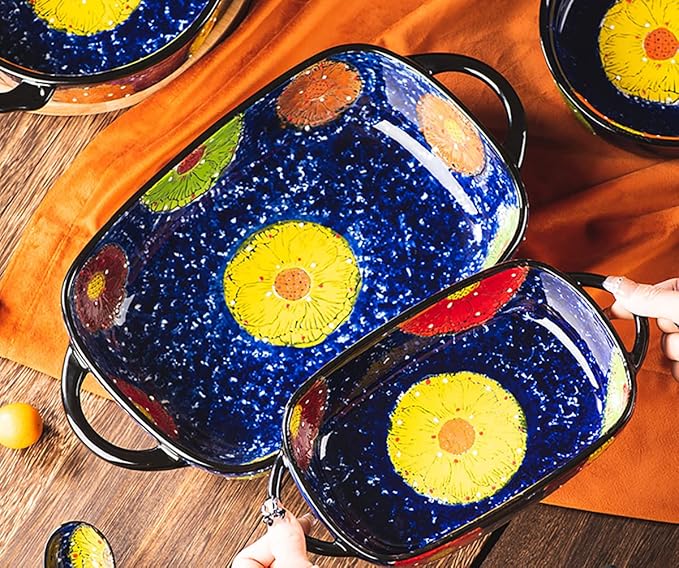 Vintage Style Pottery Bakeware Colorful Daisy Pattern Ceramic Casserole Dish Baking Pan Lasagna Pans Baking Dish with Handles from Oven to Table Plate-1 PCS, 22 OZ