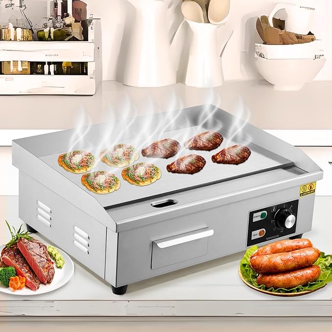 21 in Commercial Electric Griddle Countertop, 1600 w Flat Top Breakfast Teppanyaki Grill Non Stick, Heavy Duty Stainless Steel Pancake Griddle for BBQ Party Restaurants