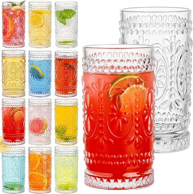 Vintage Drinking Glasses Set - 12 Pcs Romantic Highball Tumblers, 15oz Cups for Water, Mojito, Cocktail, Whiskey, Juice - Tall Glassware