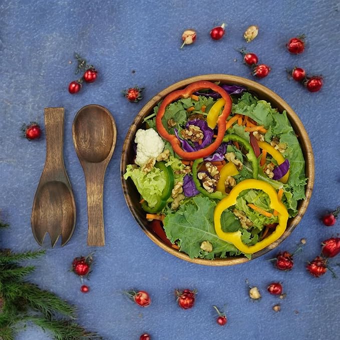 Acacia Wooden Salad Bowl Set – 9” Round Handcrafted Bowl with 2 Wood Servers, Rustic Durable Serveware for Salads, Fruit, Snacks & Everyday Dining, Gift-Ready Set of 3